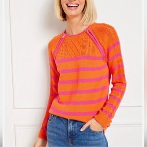 Talbots Cable Knit Zip Detail Sweater Fisherman Stripe Orange & Pink – Size XS